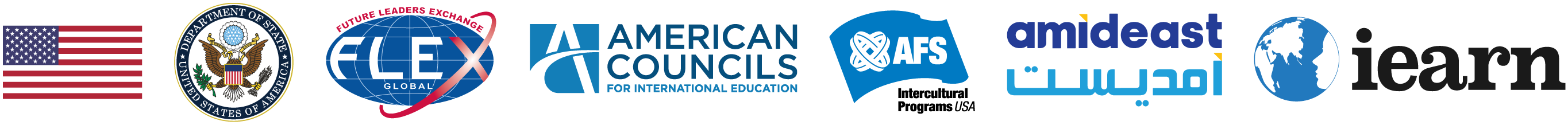 U.S. flag, U.S. Department of State, FLEX Global, American Councils for International Education, AFS Intercultural Programs USA, Amideast and iEARN